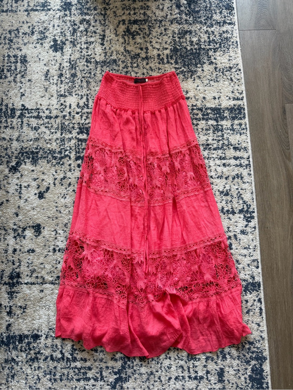 Bohemian Crochet-Panel Maxi Skirt - Red